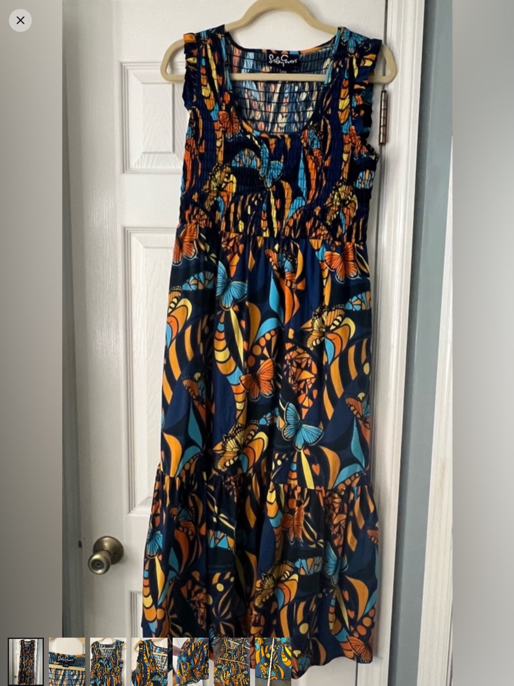 Lesley Evers Nadia Monarch Butterfly Smocked Tiered Midi Dress Pockets - Picture 2 of 8